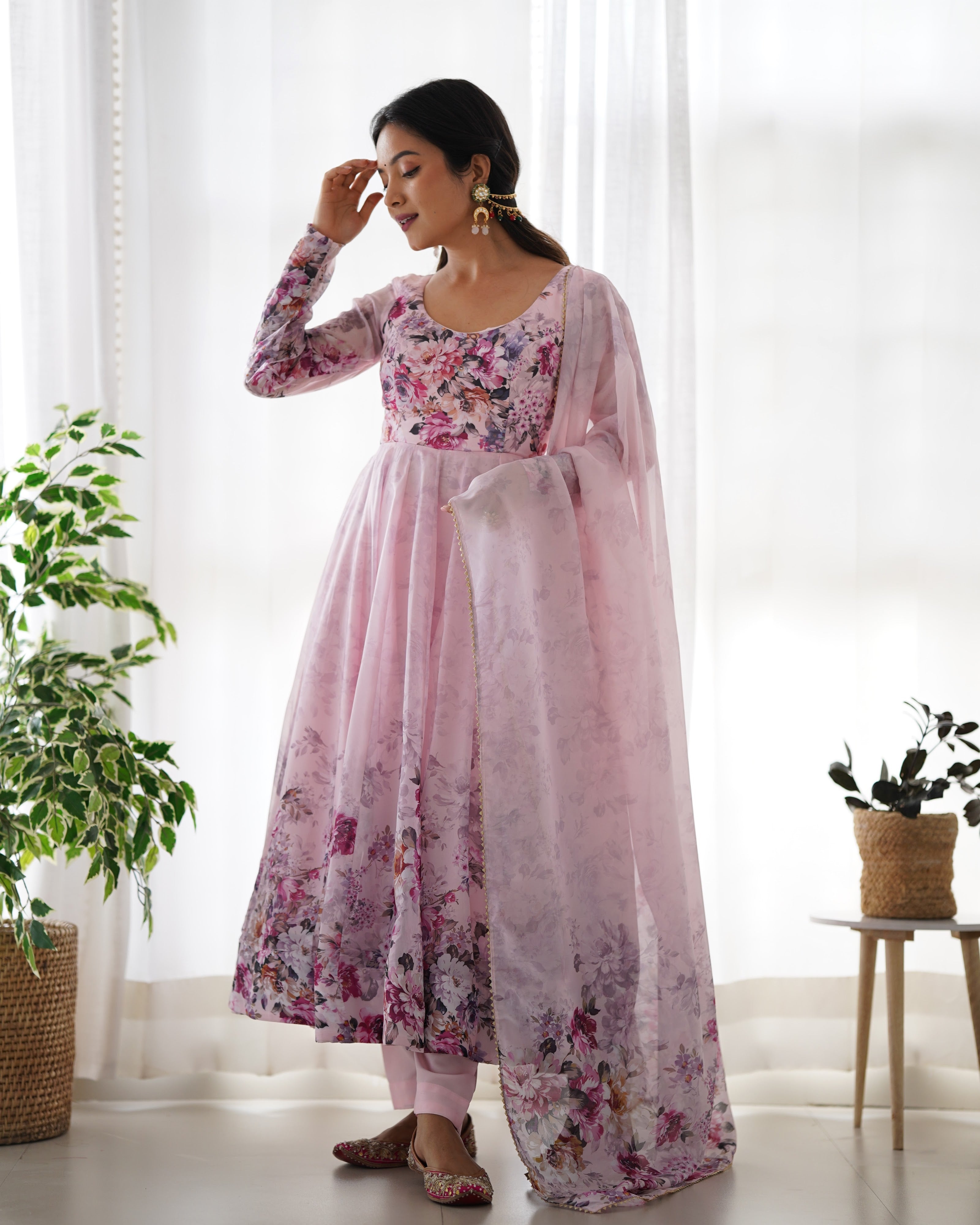 Organza Silk Printed Anarkali Set – Pink