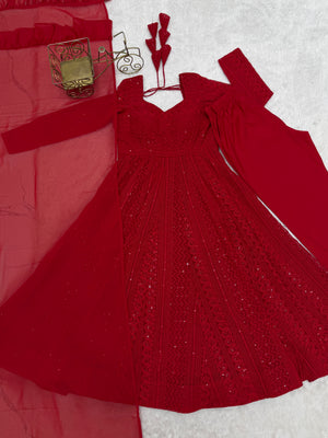 Georgette Embroidered Anarkali Set – Red