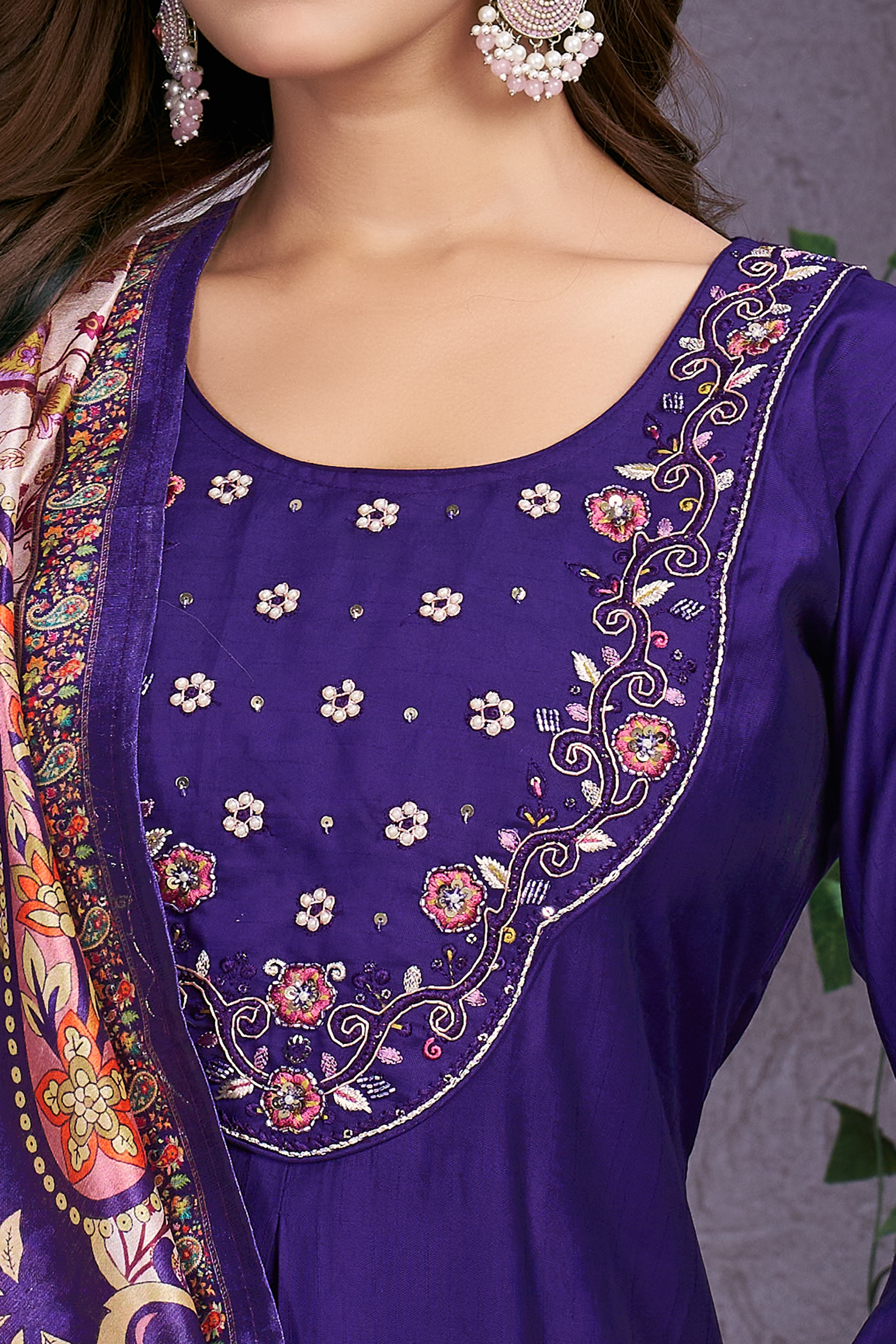 Premium Marina Silk Embroidered Straight Kurti Set – Violet