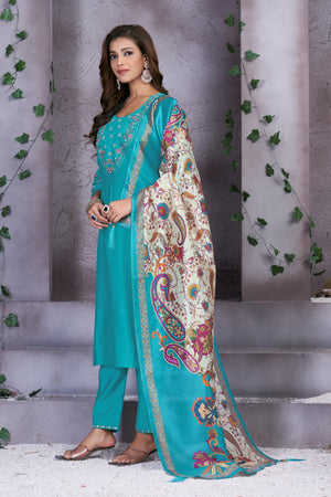 Premium Marina Silk Embroidered Straight Kurti Set – See Green