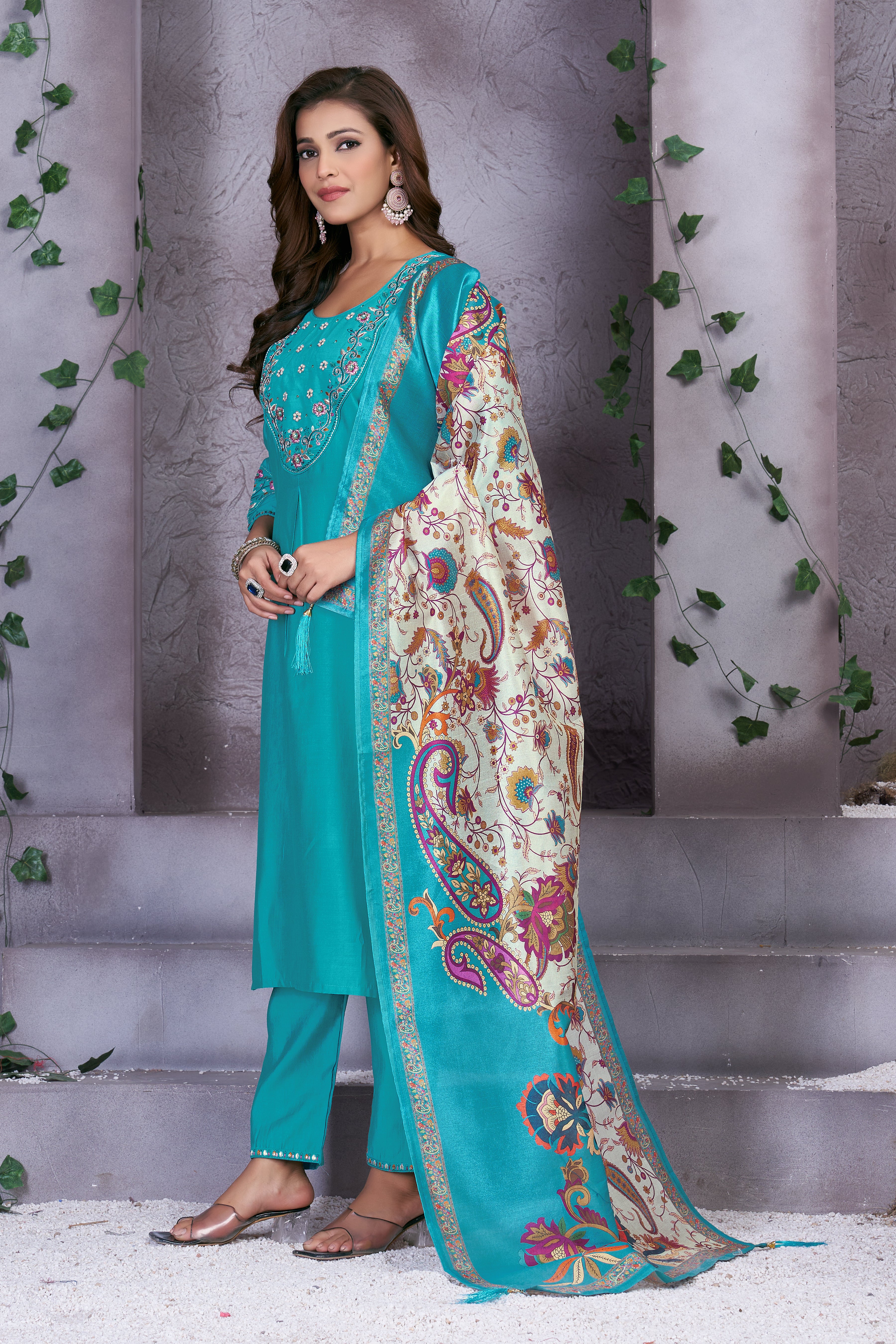 Premium Marina Silk Embroidered Straight Kurti Set – See Green