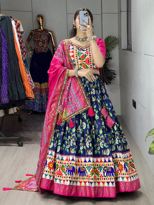 Navratri Navy Blue Floral Dola Lehenga Set - Blouse Unstitched
