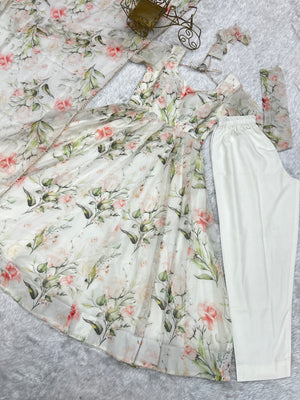 Organza Silk Printed Anarkali Set – Off White