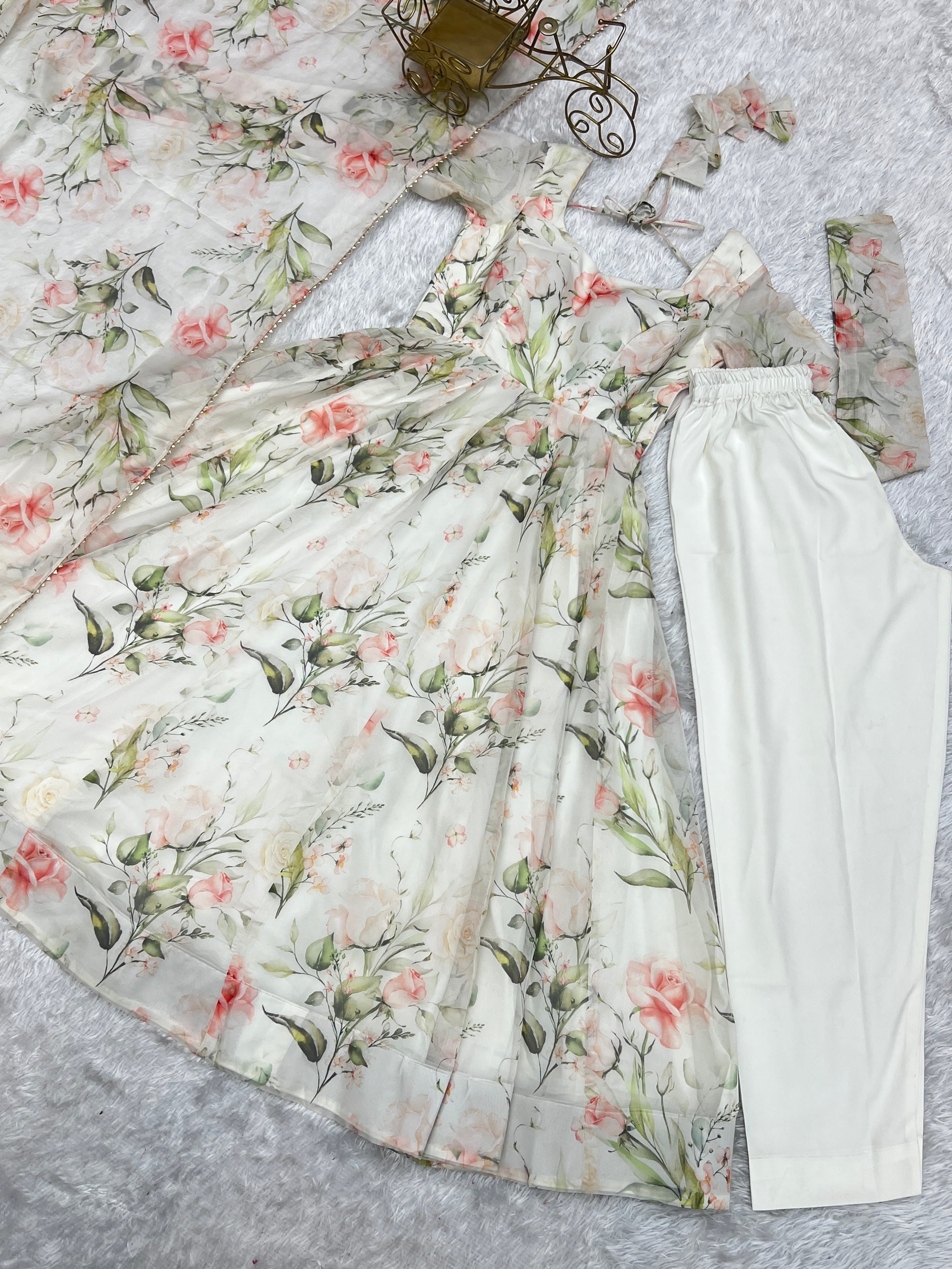 Organza Silk Printed Anarkali Set – Off White