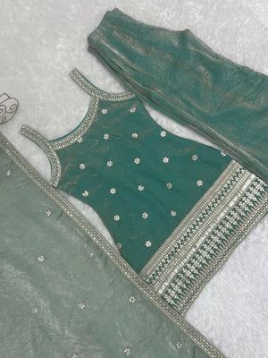 Frendy Silk Embroidered Bell Bottom Set – Sea Green