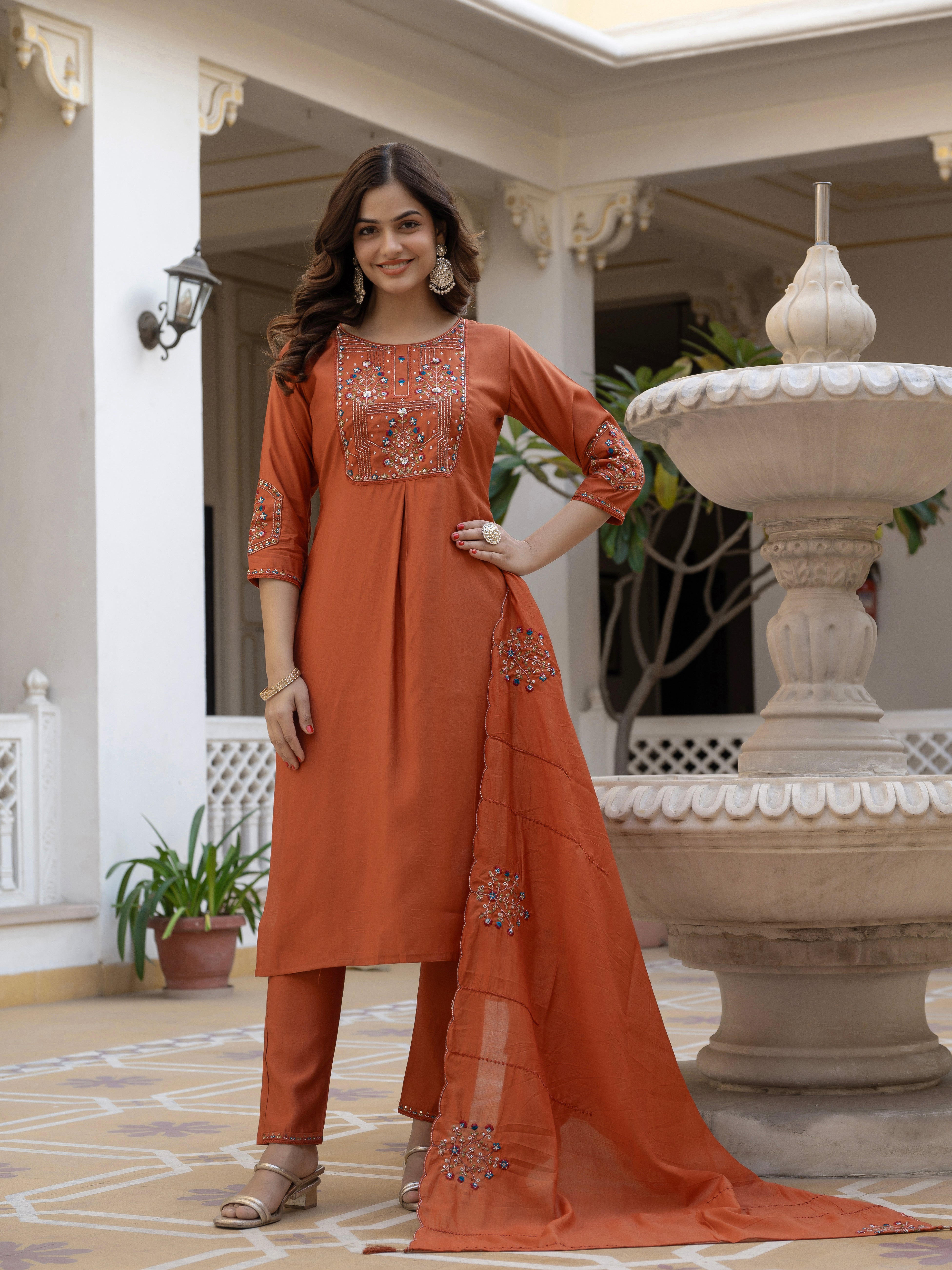 Pure Viscose Mango Silk Embroidered Straight Kurti Set – Rust