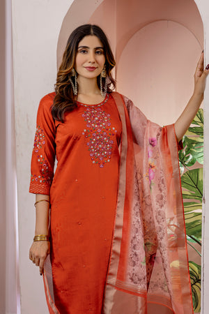 Viscose Silk Embroidered Straight Kurti Set – Orange