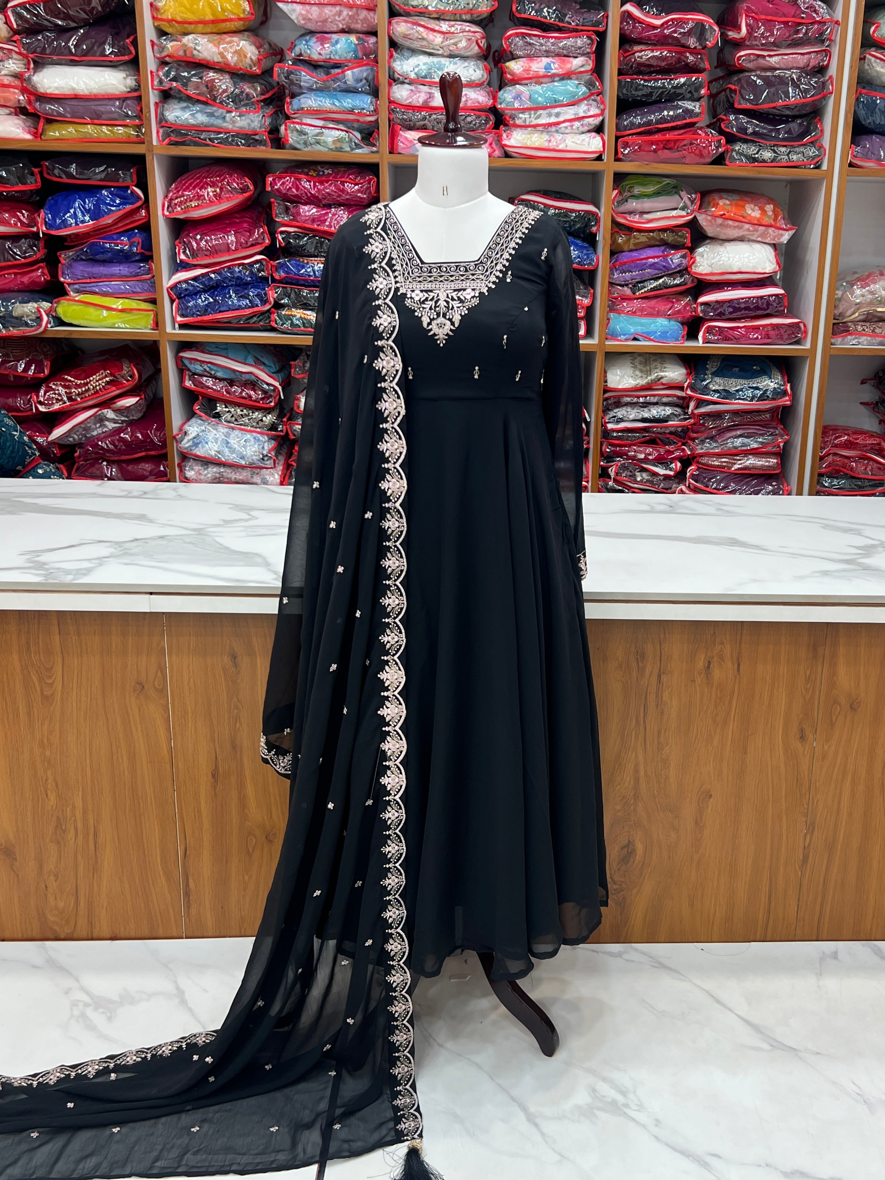 Georgette Embroidered Anarkali Set – Black