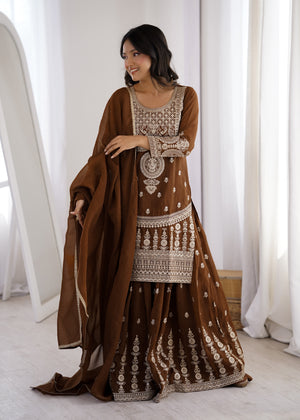 Crunchy Silk Embroidered Sharara Set – Coffee Brown