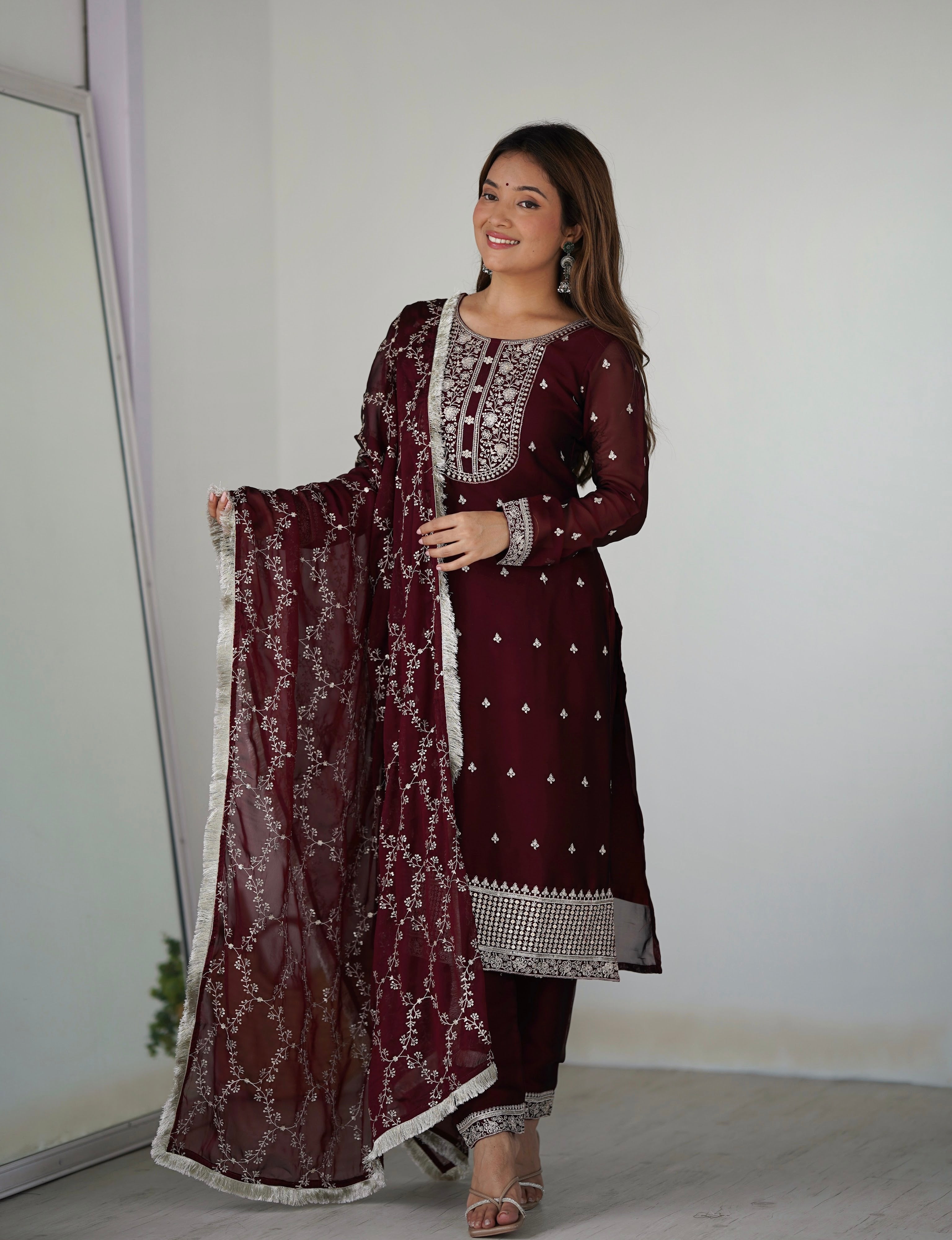 Rangoli Silk Embroidered Straight Kurta Set – Maroon