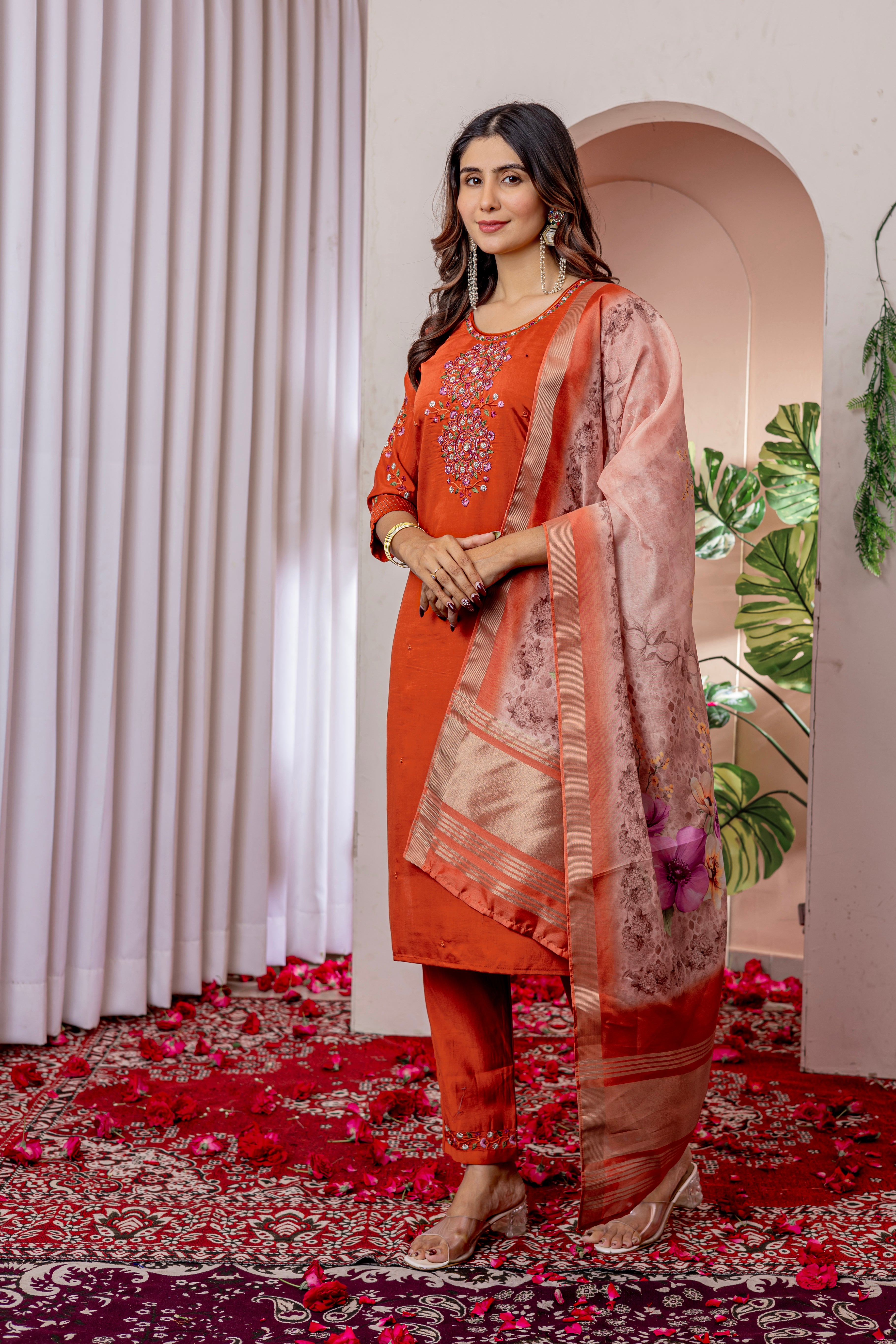 Viscose Silk Embroidered Straight Kurti Set – Orange