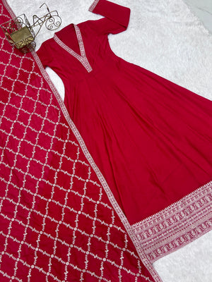 Vichitra Silk Embroidered Gown Set – Red