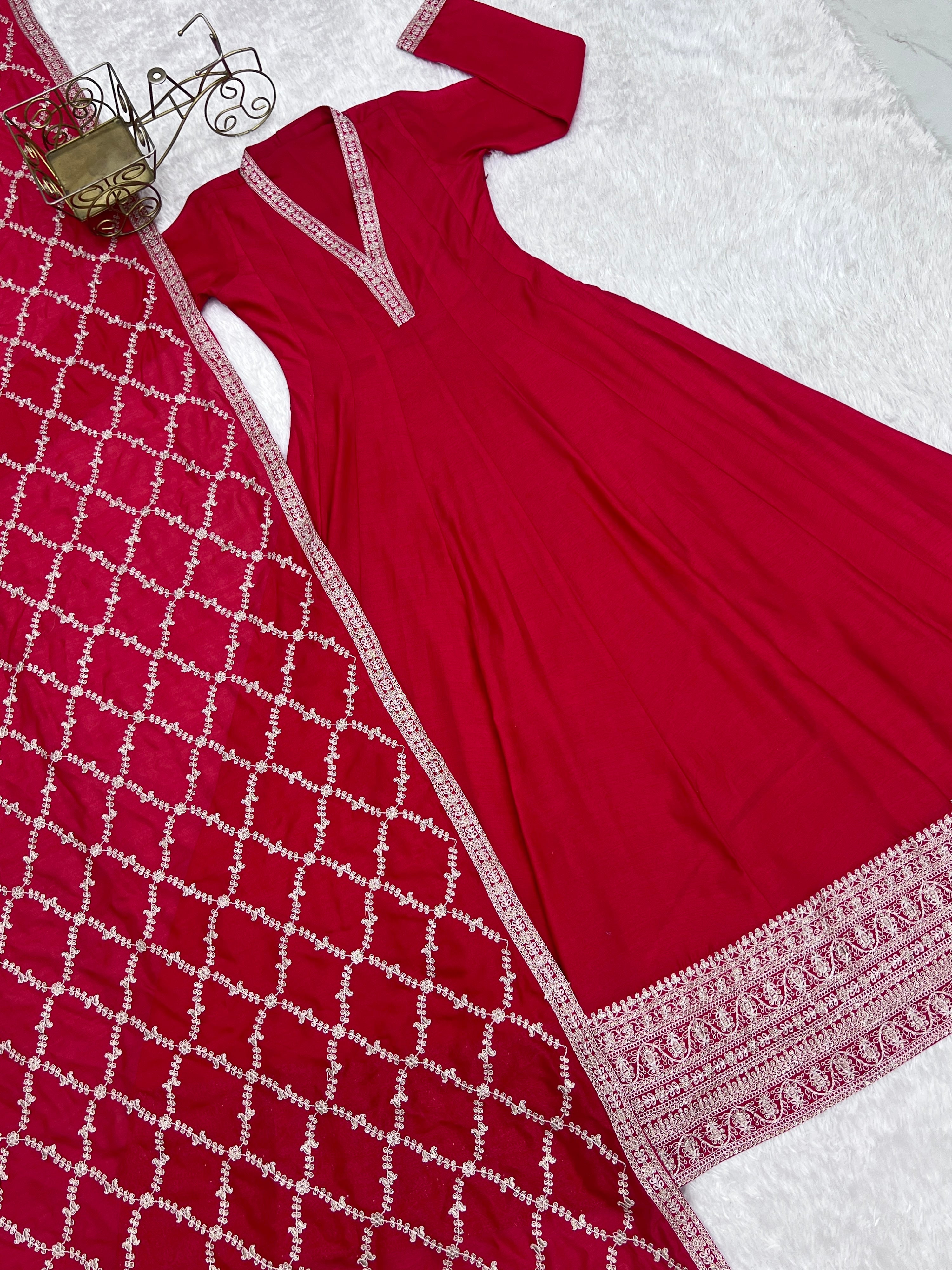 Vichitra Silk Embroidered Gown Set – Red