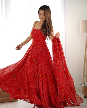 Soft Lightweight Chiffon Bandhej Embroidered Gown Set – Red