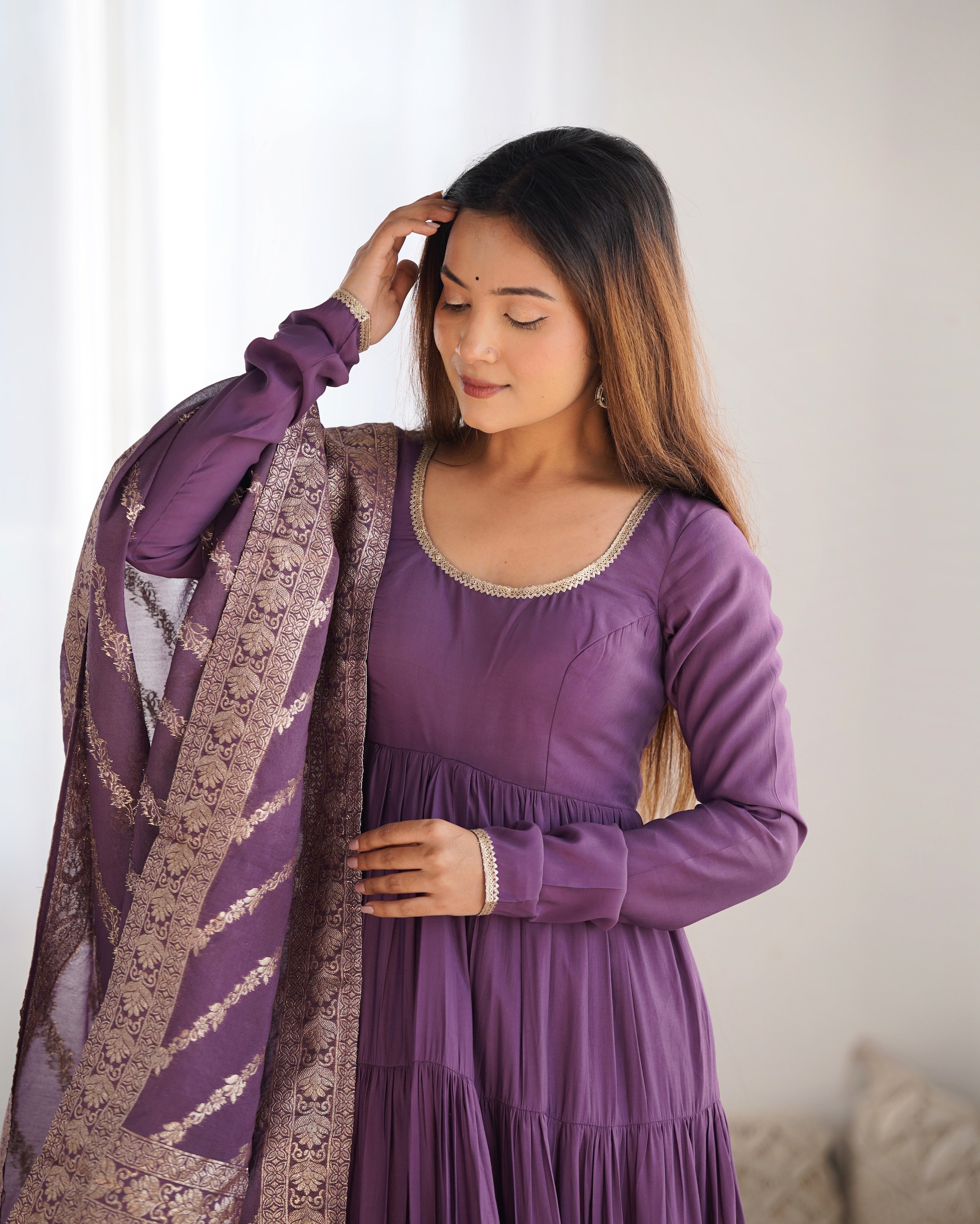 Roman Chanderi Silk Embroidered Anarkali Set – Purple