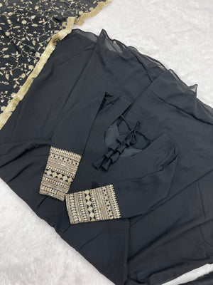 Georgette Embroidered Gown Set – Black