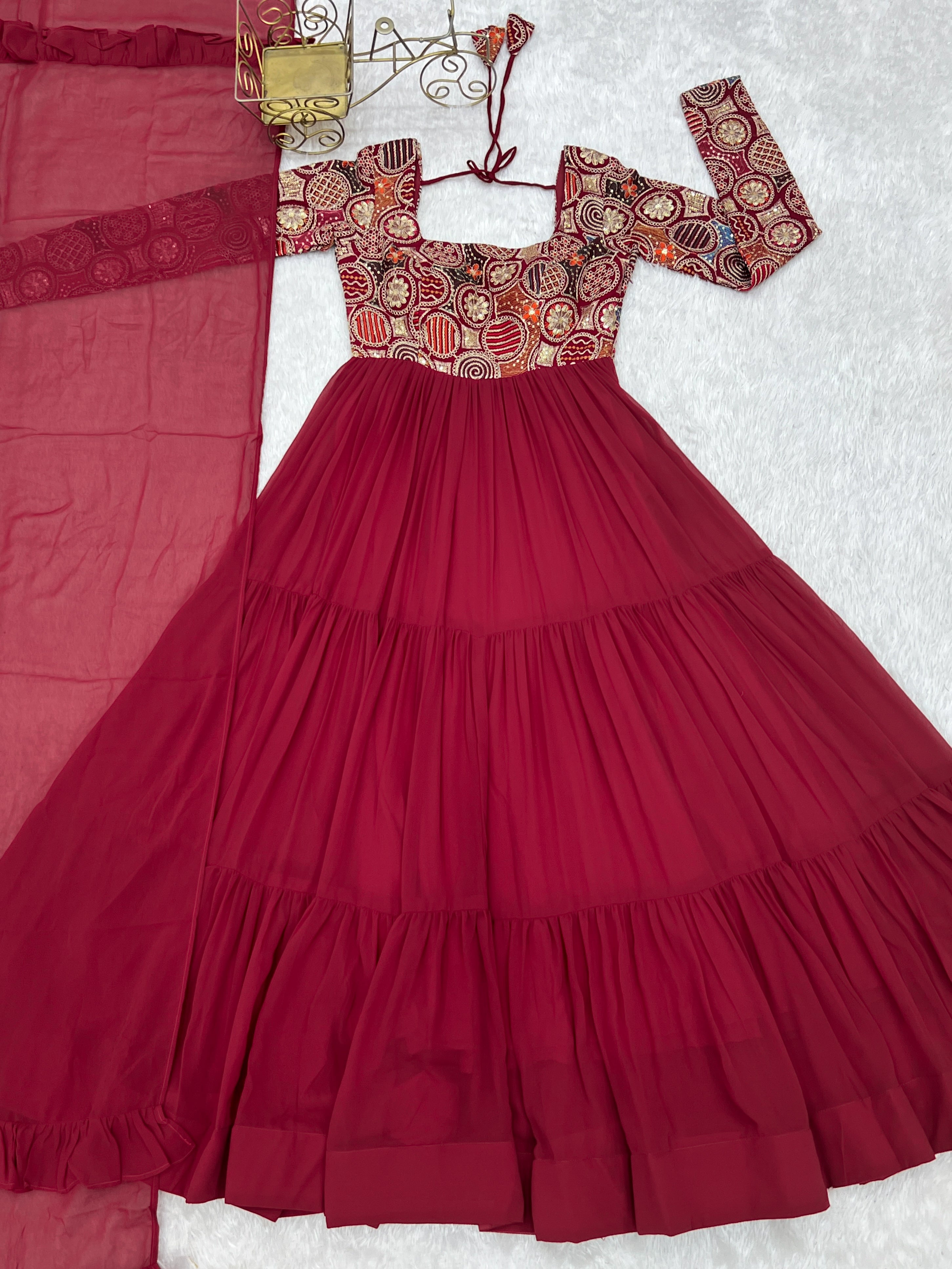 Georgette Embroidered Anarkali Set – Wine