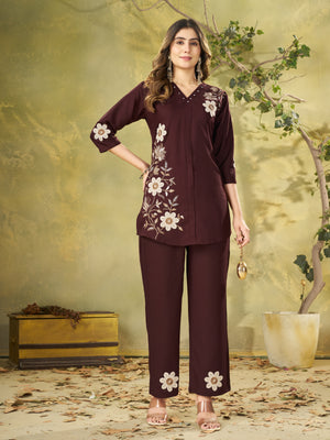 Heavy Rayon Embroidered Co-Ords Set – Wine