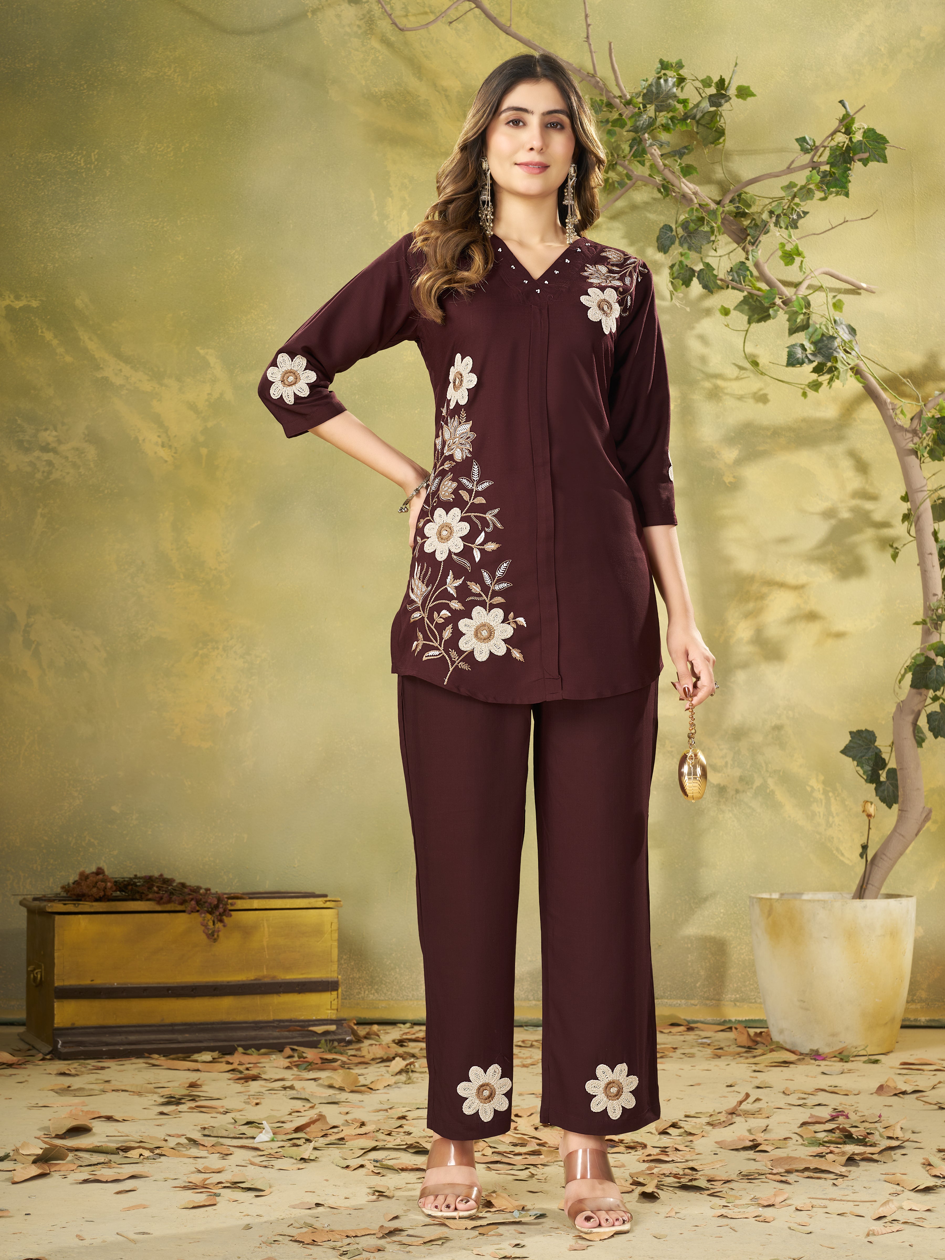 Heavy Rayon Embroidered Co-Ords Set – Wine