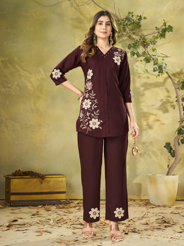 Heavy Rayon Embroidered Co-Ords Set – Wine