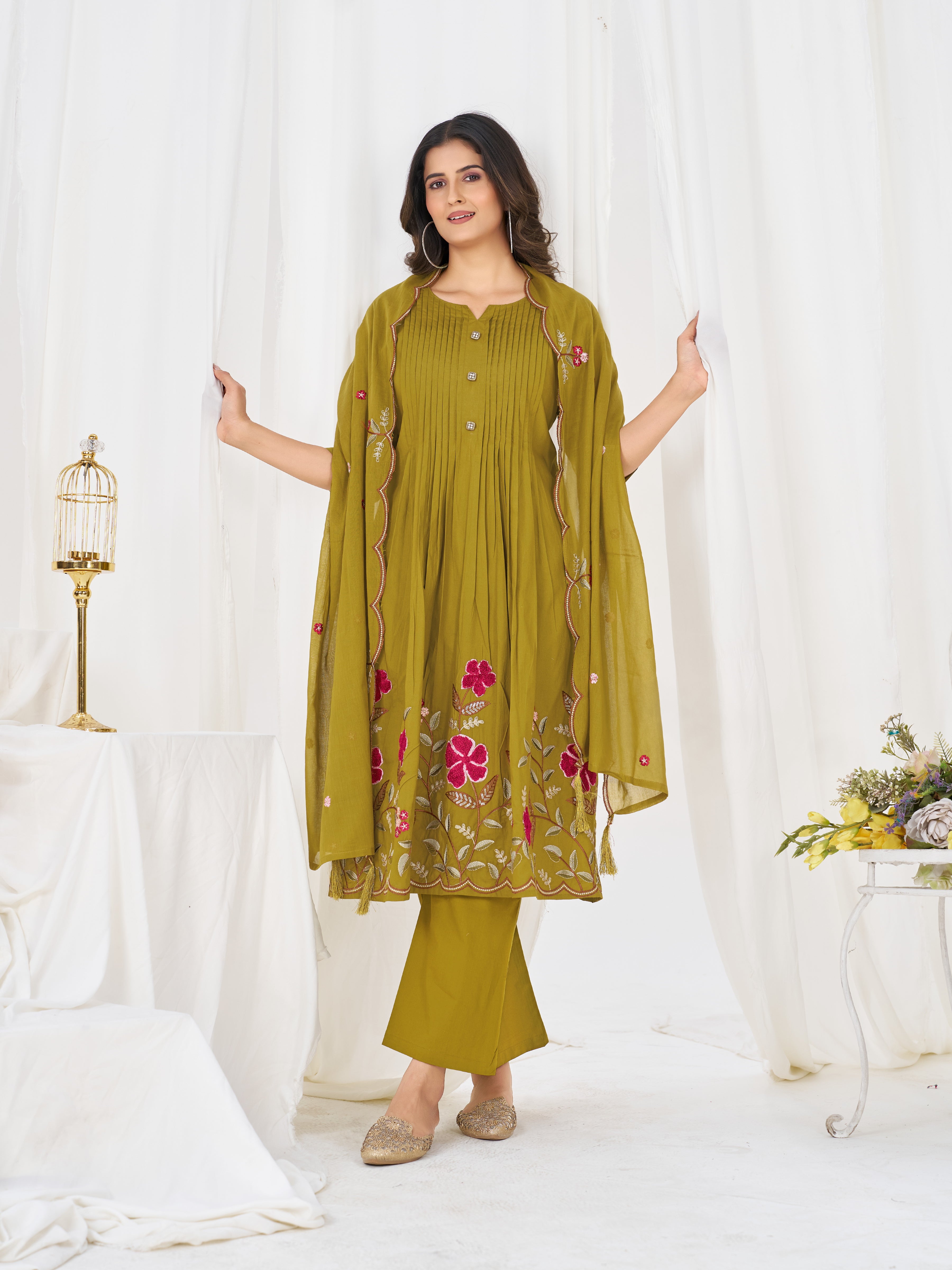 Pure Cotton Embroidered Anarkali Kurti Set – Mahendi