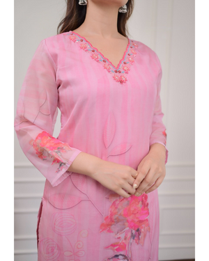 Organza Embroidered Kurta Pant Dupatta Set – Pink