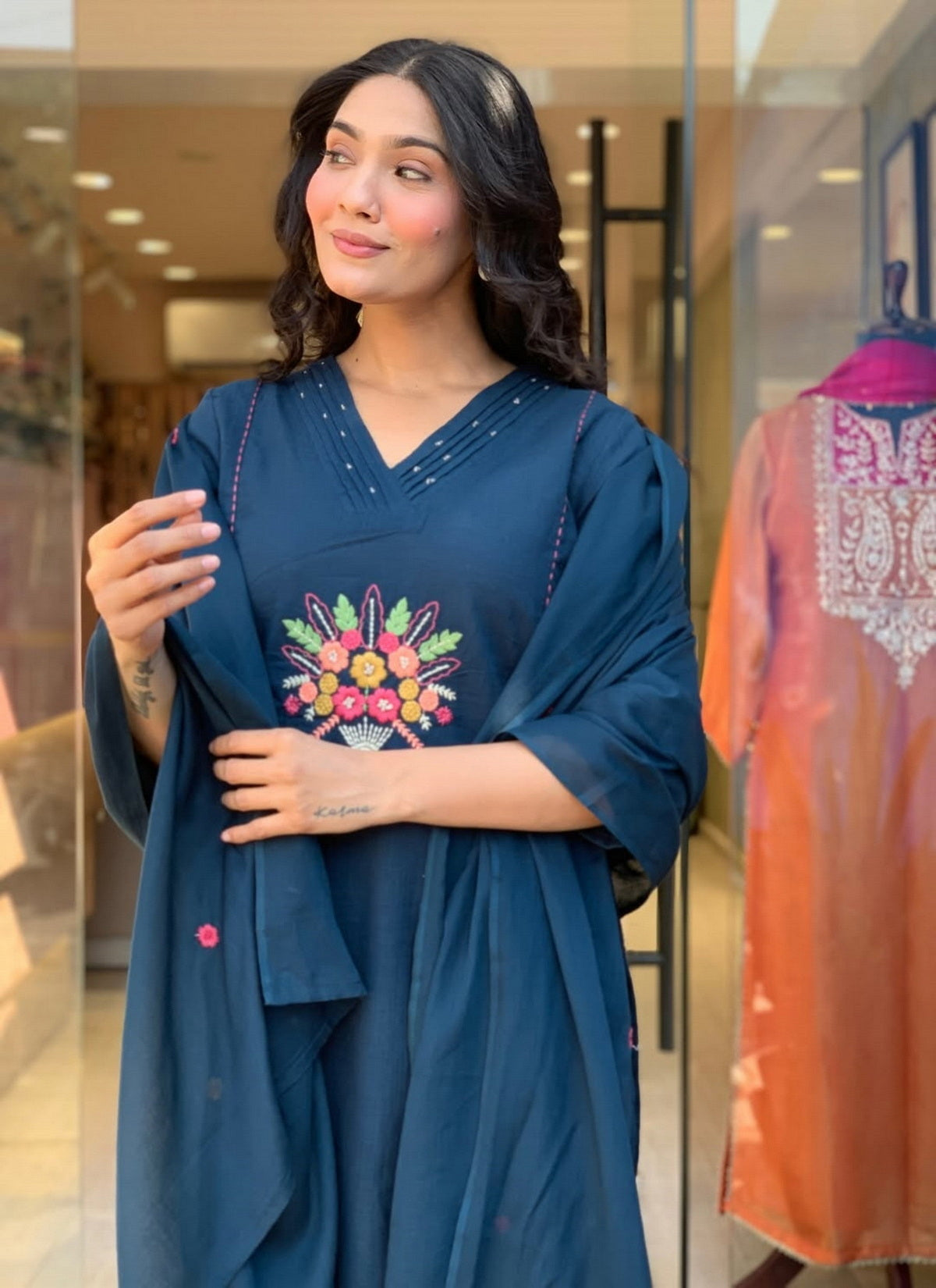 Rayon Slub Embroidered Kurta Pant Dupatta Set – Teal Blue