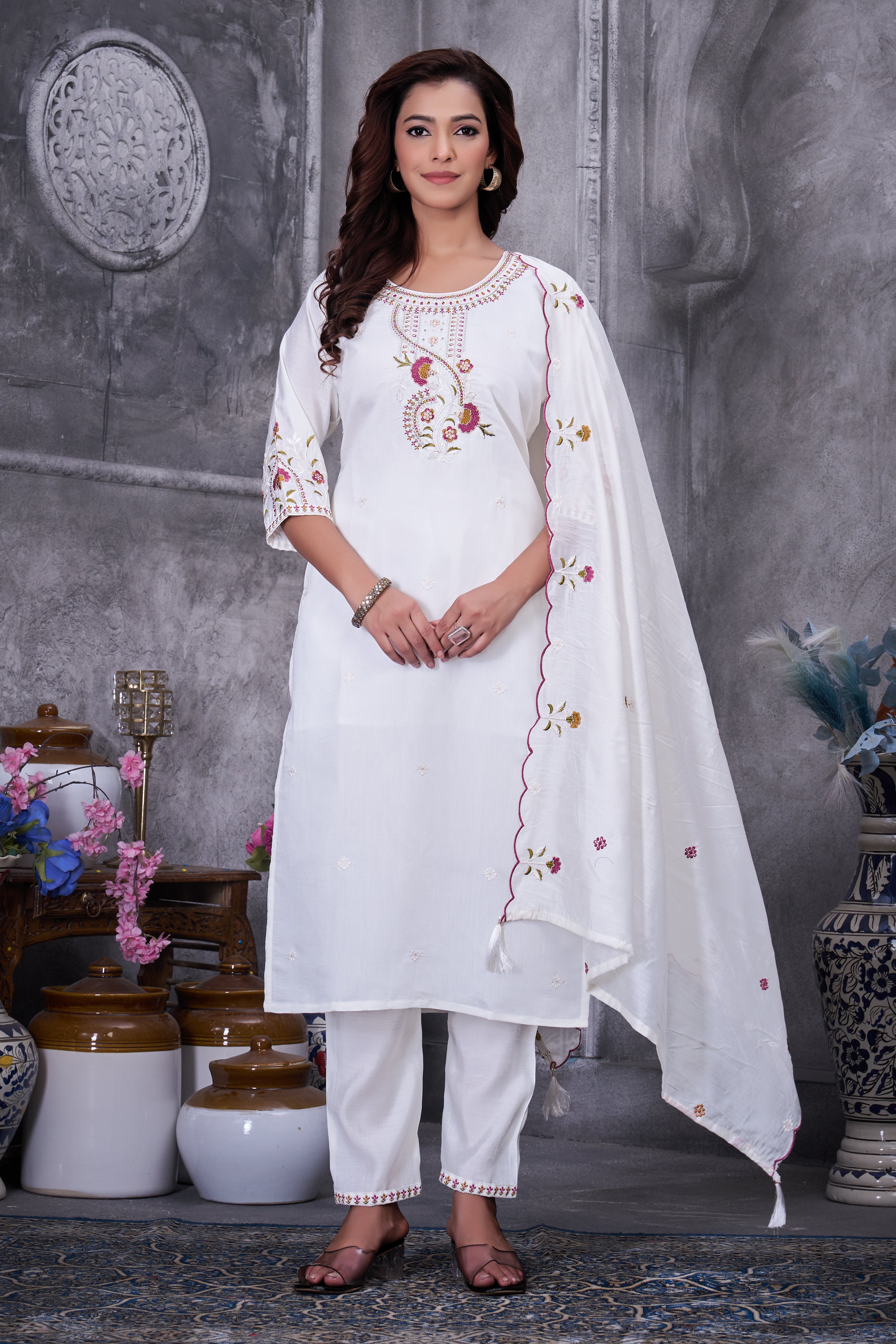 Roman Silk Embroidered Straight Kurti Set – White