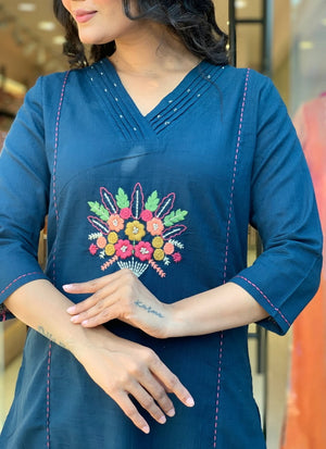 Rayon Slub Embroidered Kurta Pant Dupatta Set – Teal Blue