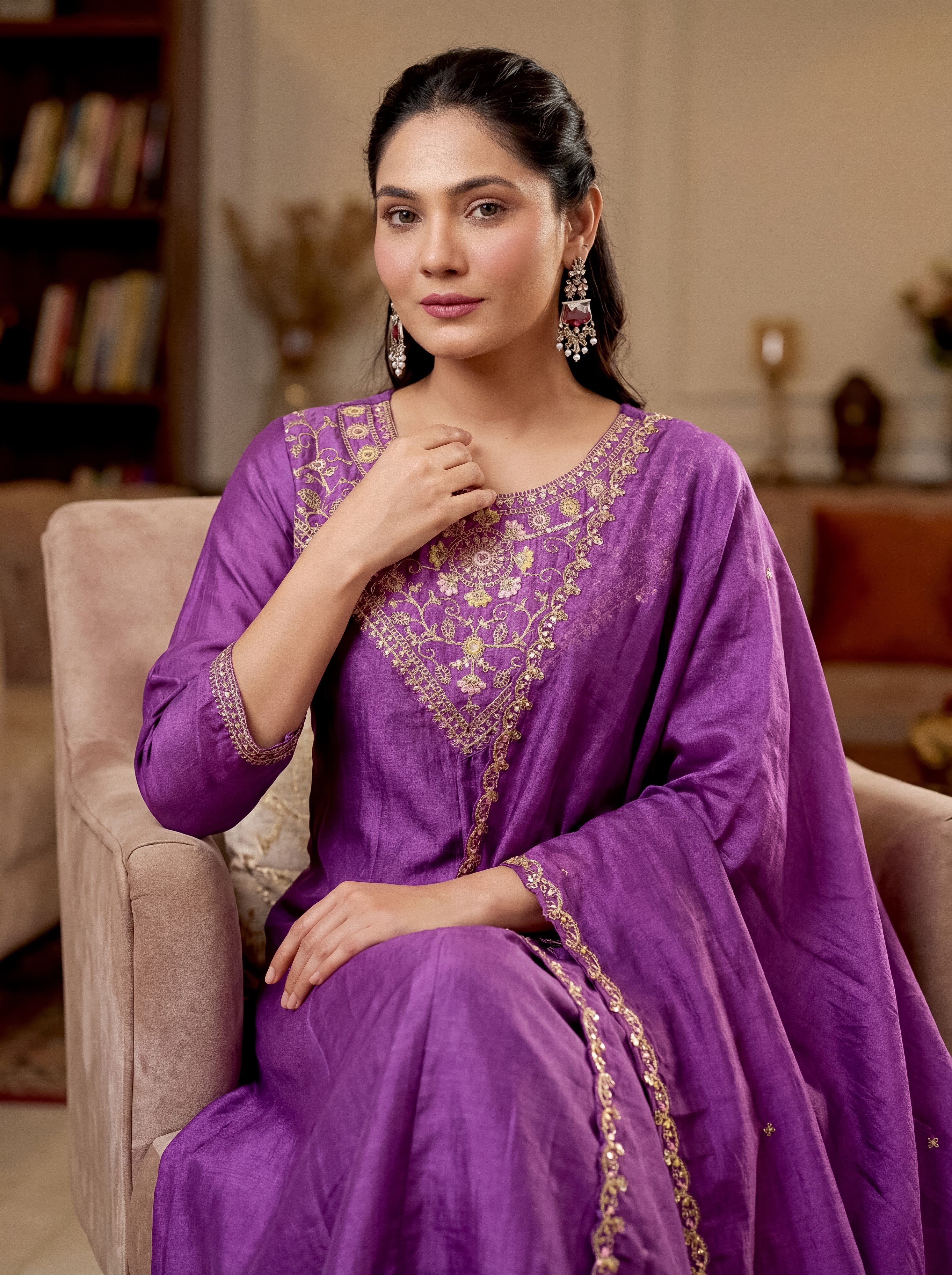 Vichitra Silk Embroidered Kurta Pant Dupatta Set – Purple