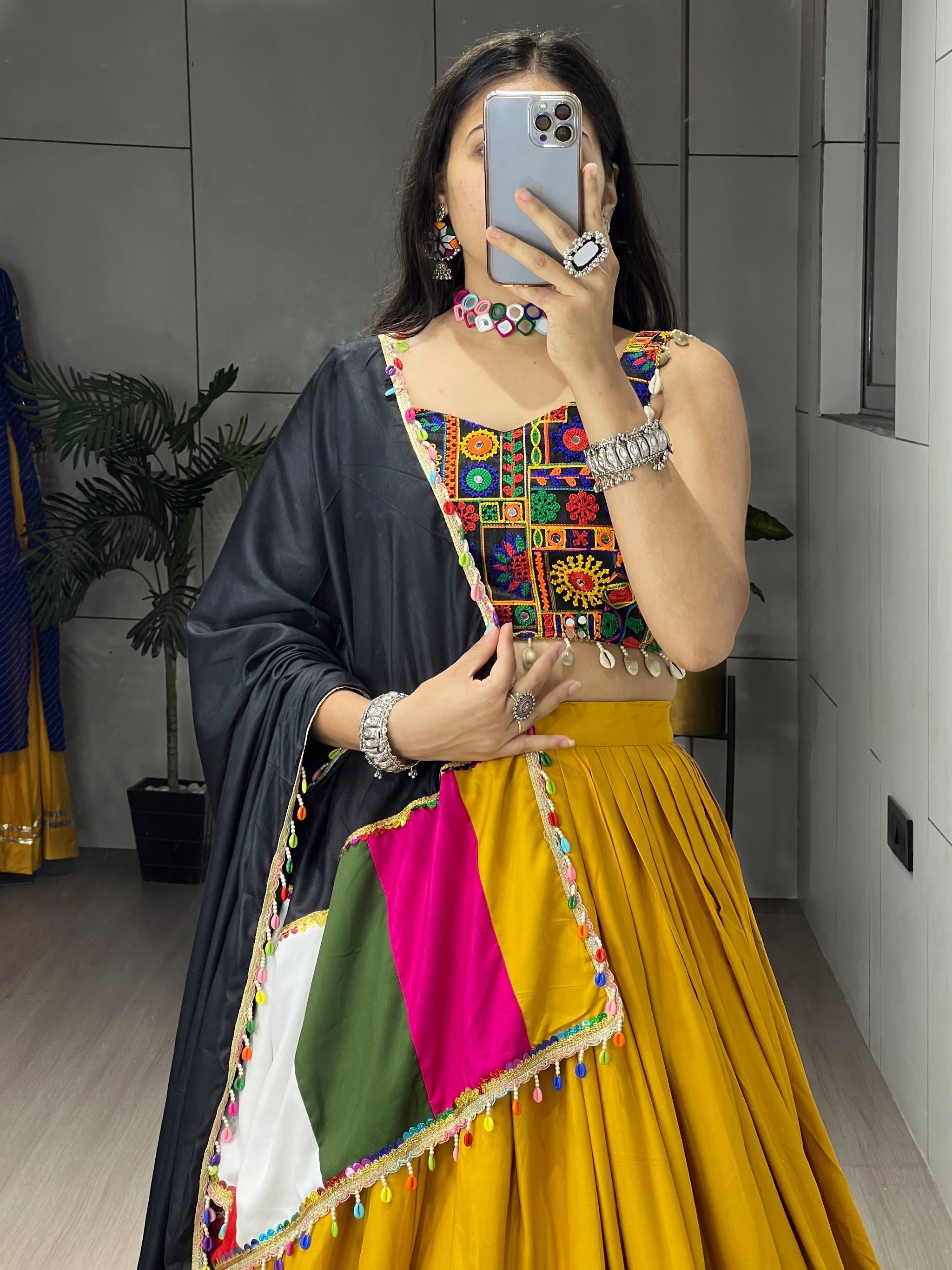 Navratri Mustard Gamthi Mirror Work Lehenga Set