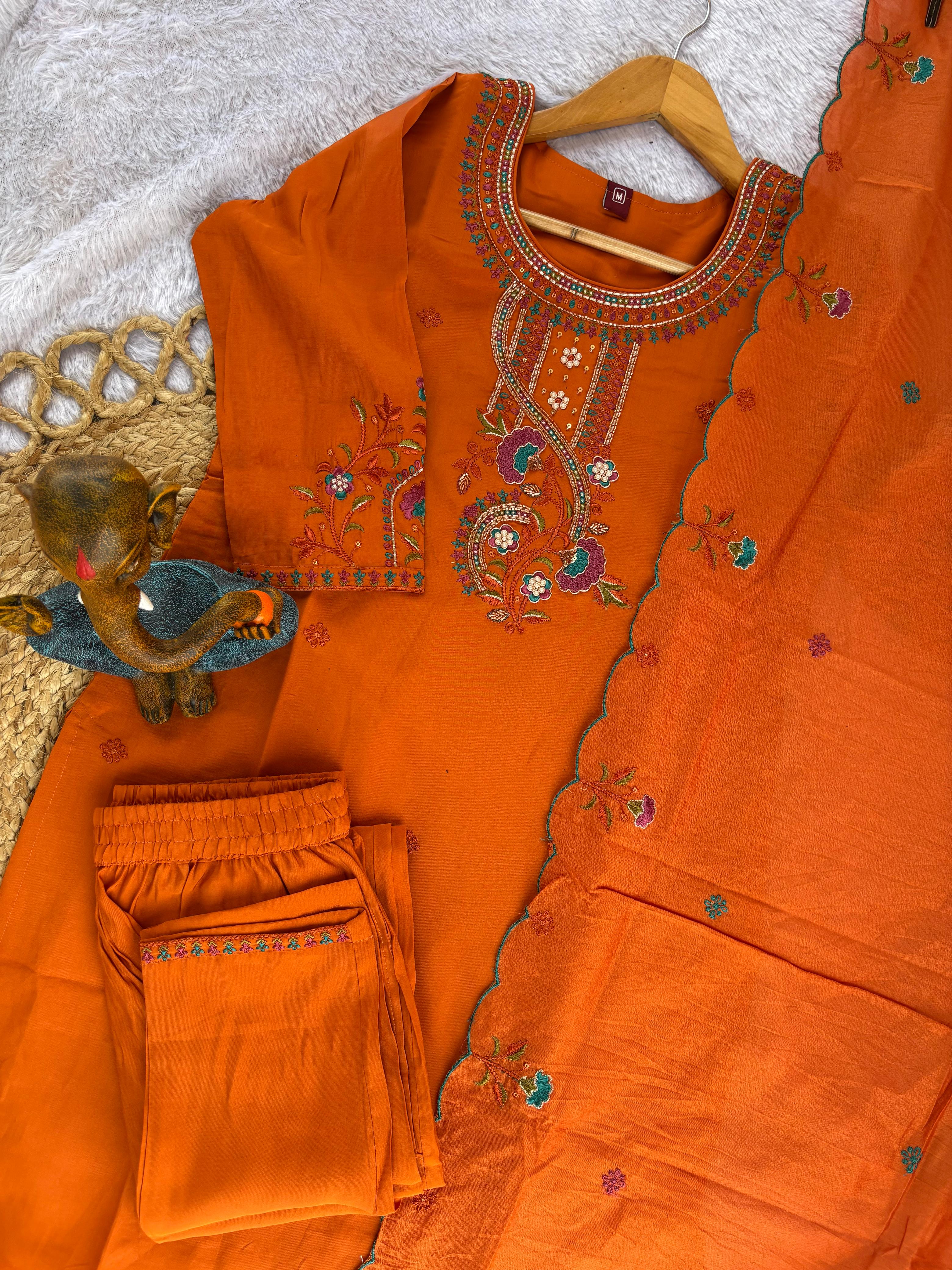 Roman Silk Embroidered Straight Kurti Set – Orange