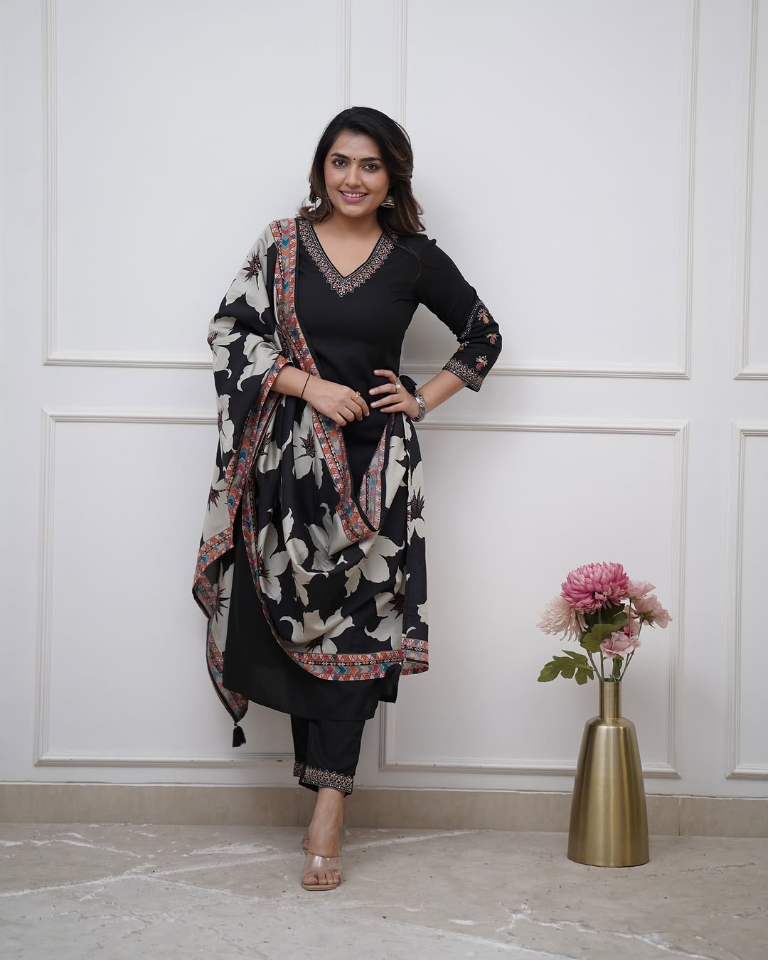 Viscose Silk Embroidered Kurta Pant Dupatta Set – Black