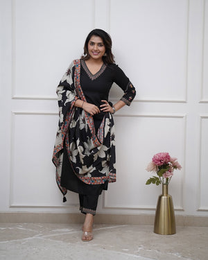Viscose Silk Embroidered Kurta Pant Dupatta Set – Black