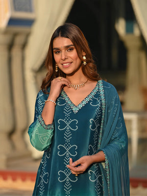 Chinon Silk Printed Kurta Pant Dupatta Set – Rama Green