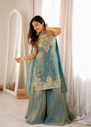 Fendy Silk Embroidered Sharara Set – Slate Blue