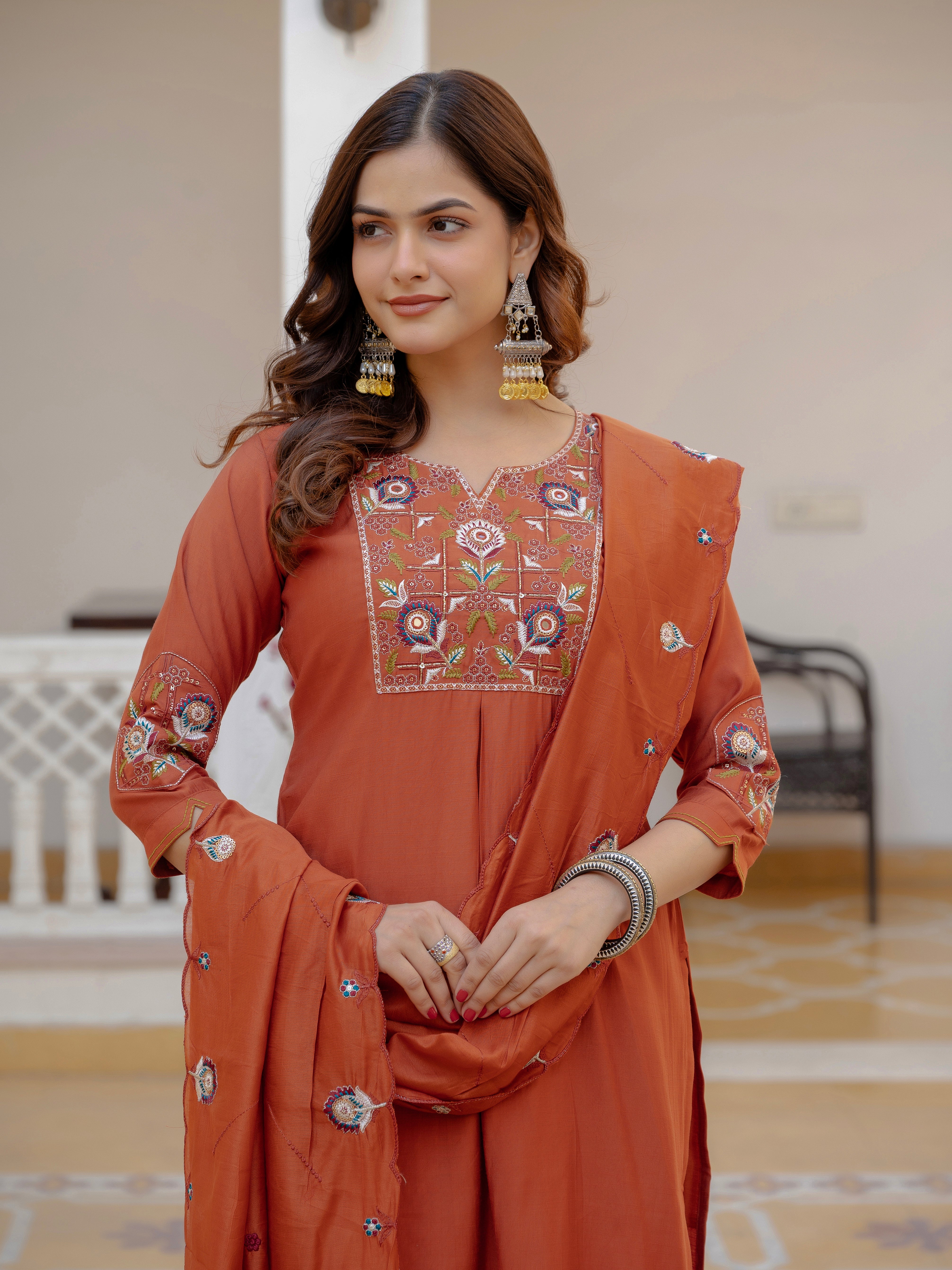 Pure Viscose Mango Silk Embroidered Straight Kurti Set – Rust