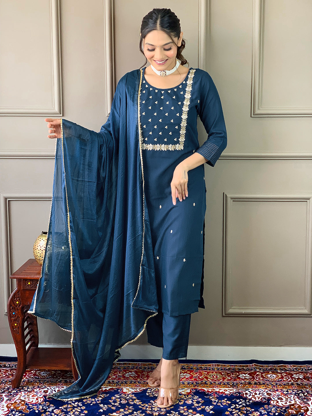 Rayon Slub Embroidered Kurta Pant Dupatta Set – Petrol Blue