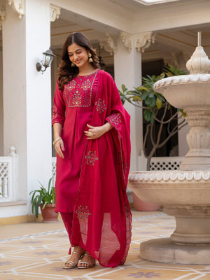 Pure Viscose Mango Silk Embroidered Straight Kurti Set – Pink