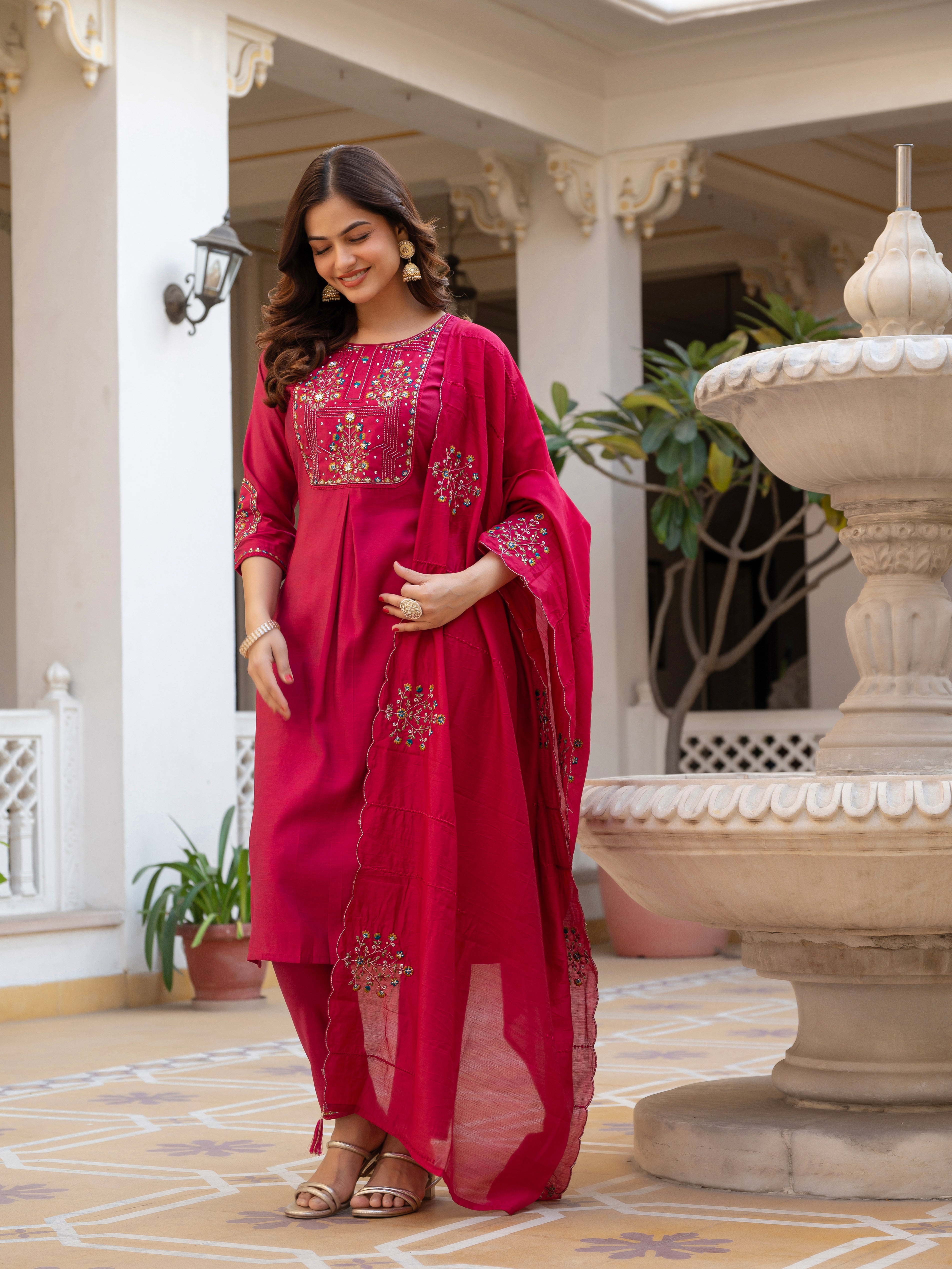 Pure Viscose Mango Silk Embroidered Straight Kurti Set – Pink