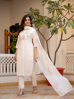 Pure Viscose Mango Silk Embroidered Straight Kurti Set – White