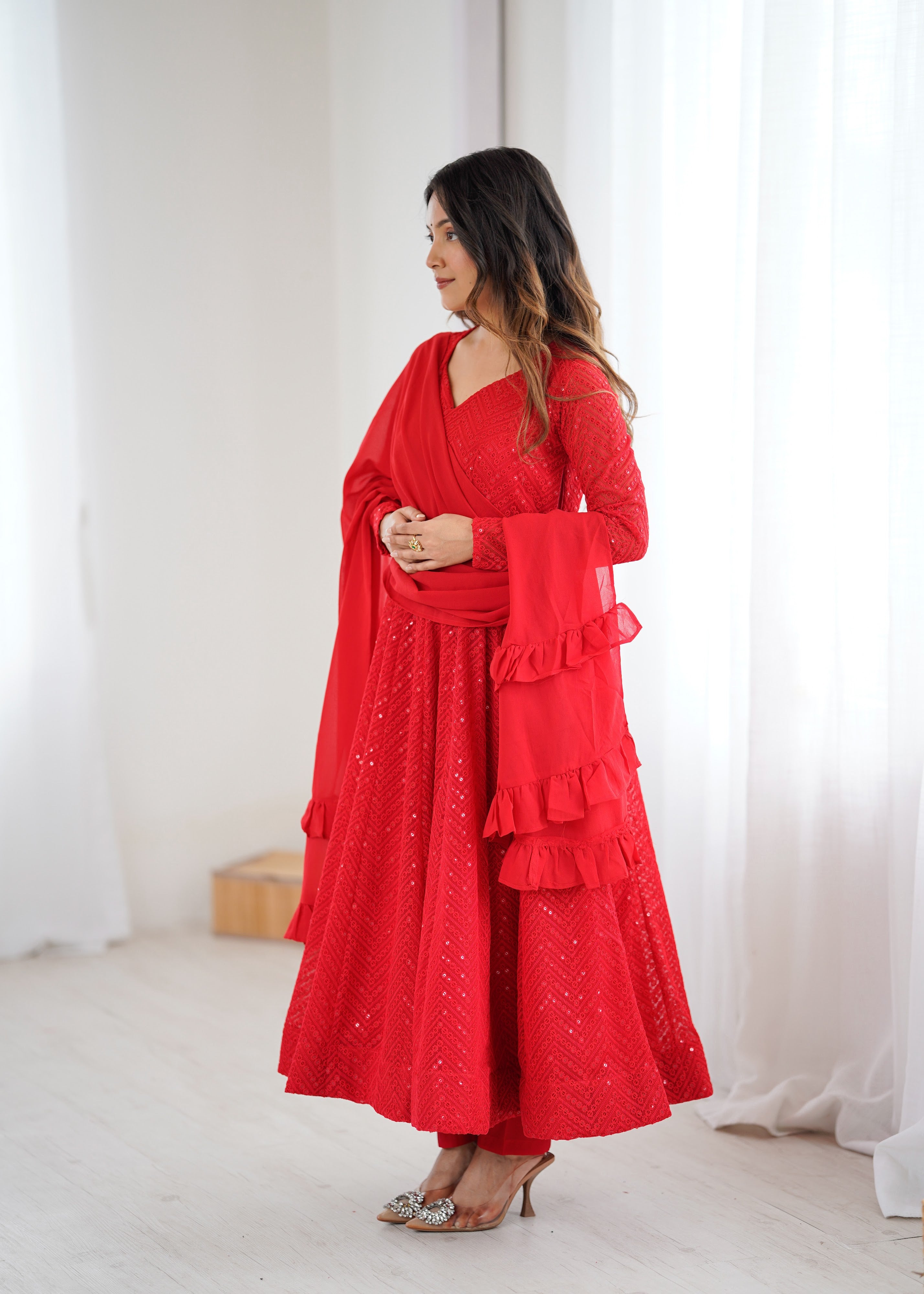 Georgette Embroidered Anarkali Set – Red