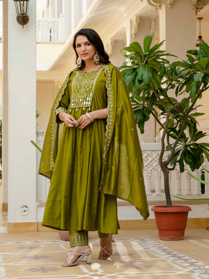 Viscose Roman Silk Embroidered Anarkali Kurti Set – Mahendi