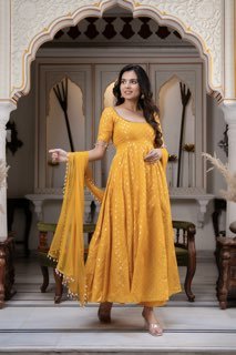 Chanderi Jacquard Embroidered Anarkali + Pant Set – Mustard Yellow