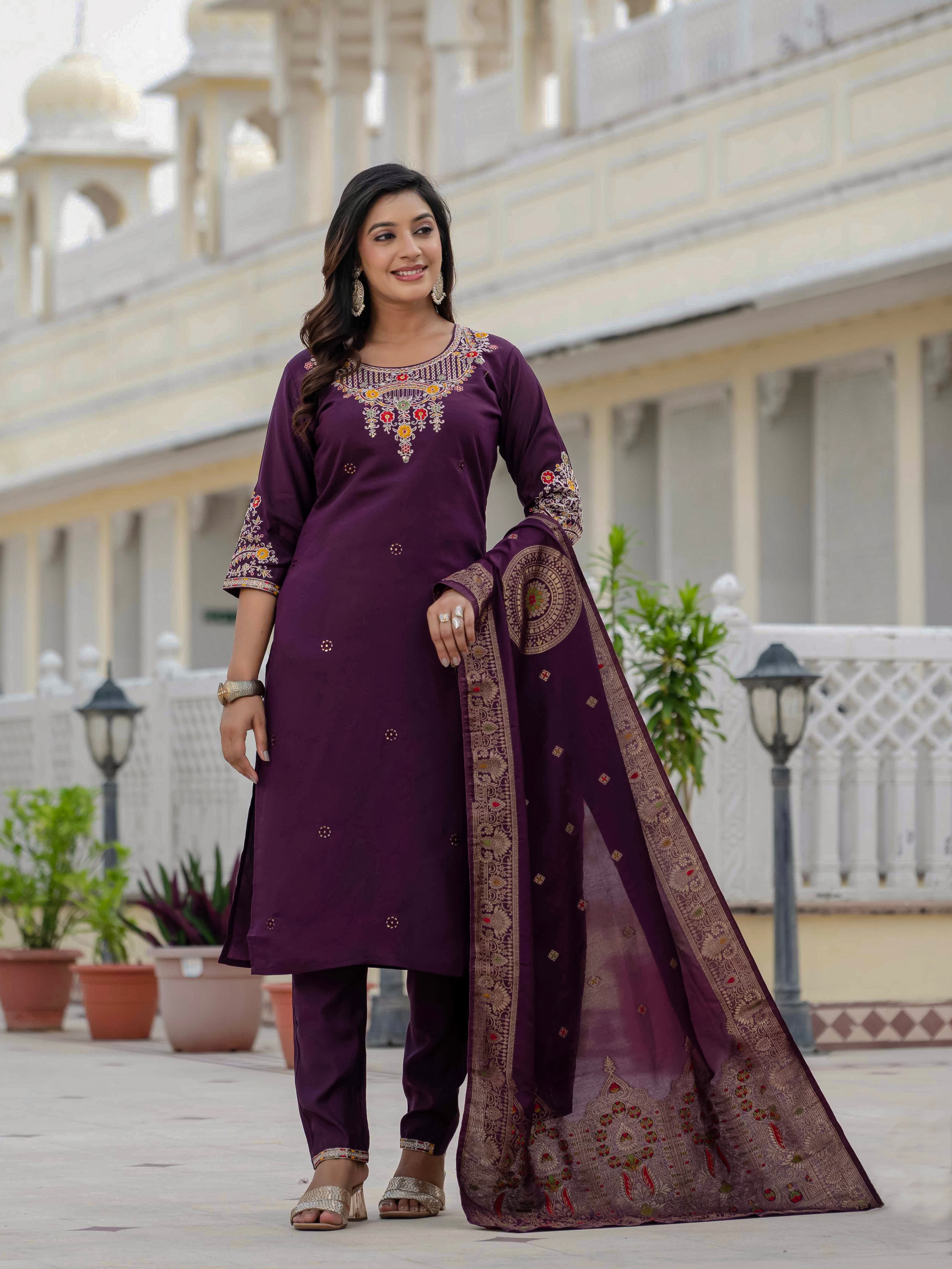 Premium Roman Silk Embroidered Straight Kurti Set – Wine
