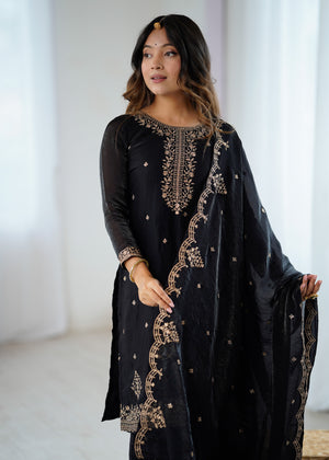Crunchy Silk Embroidered Kurta-Sharara Set – Black