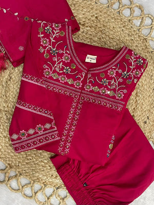 Viscose Mango Silk Embroidered Anarkali Kurti Set – Rani Pink
