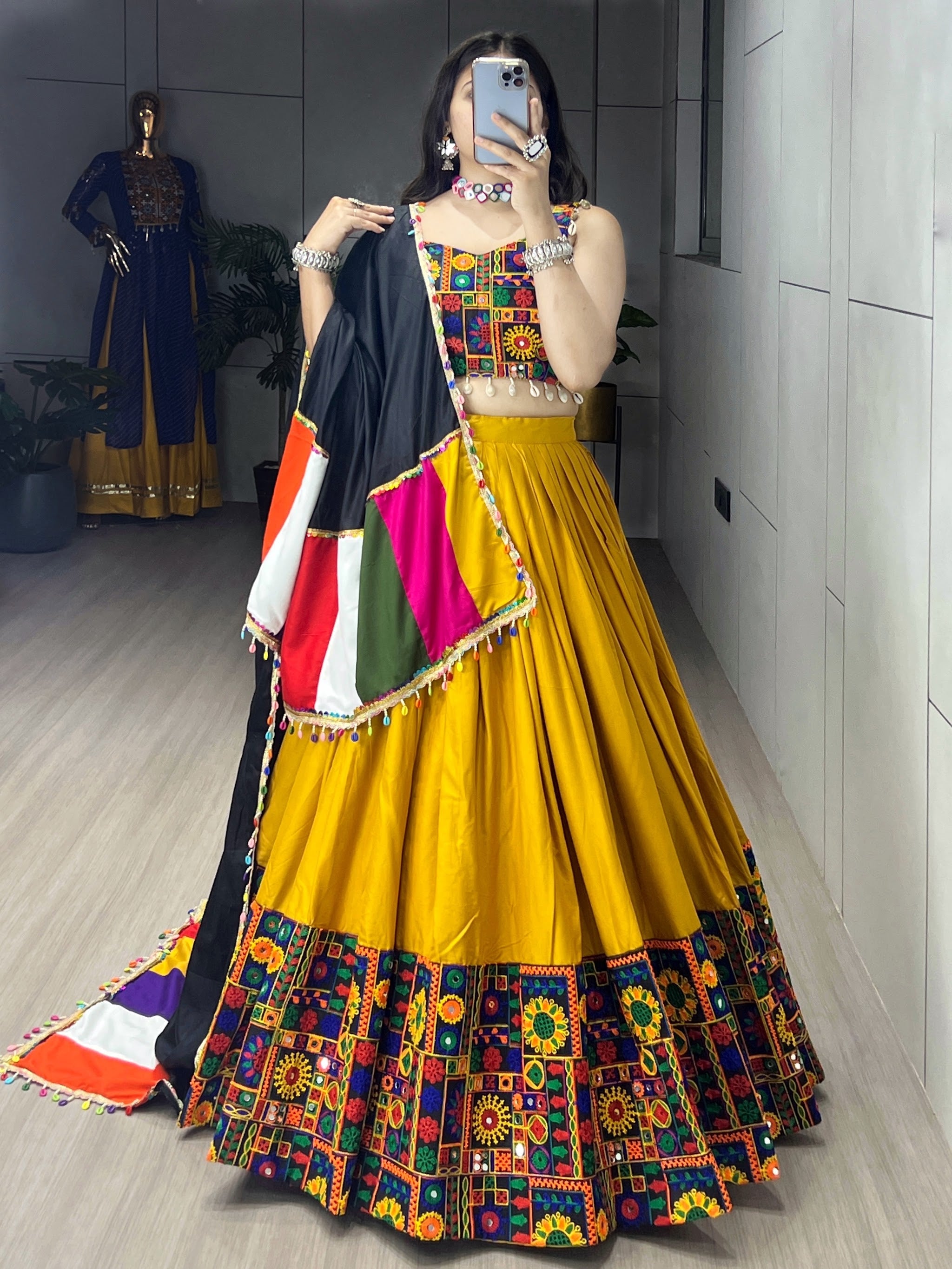 Navratri Mustard Gamthi Mirror Work Lehenga Set