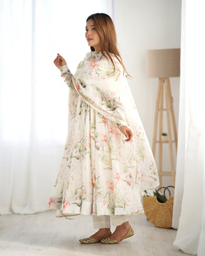 Organza Silk Printed Anarkali Set – Off White