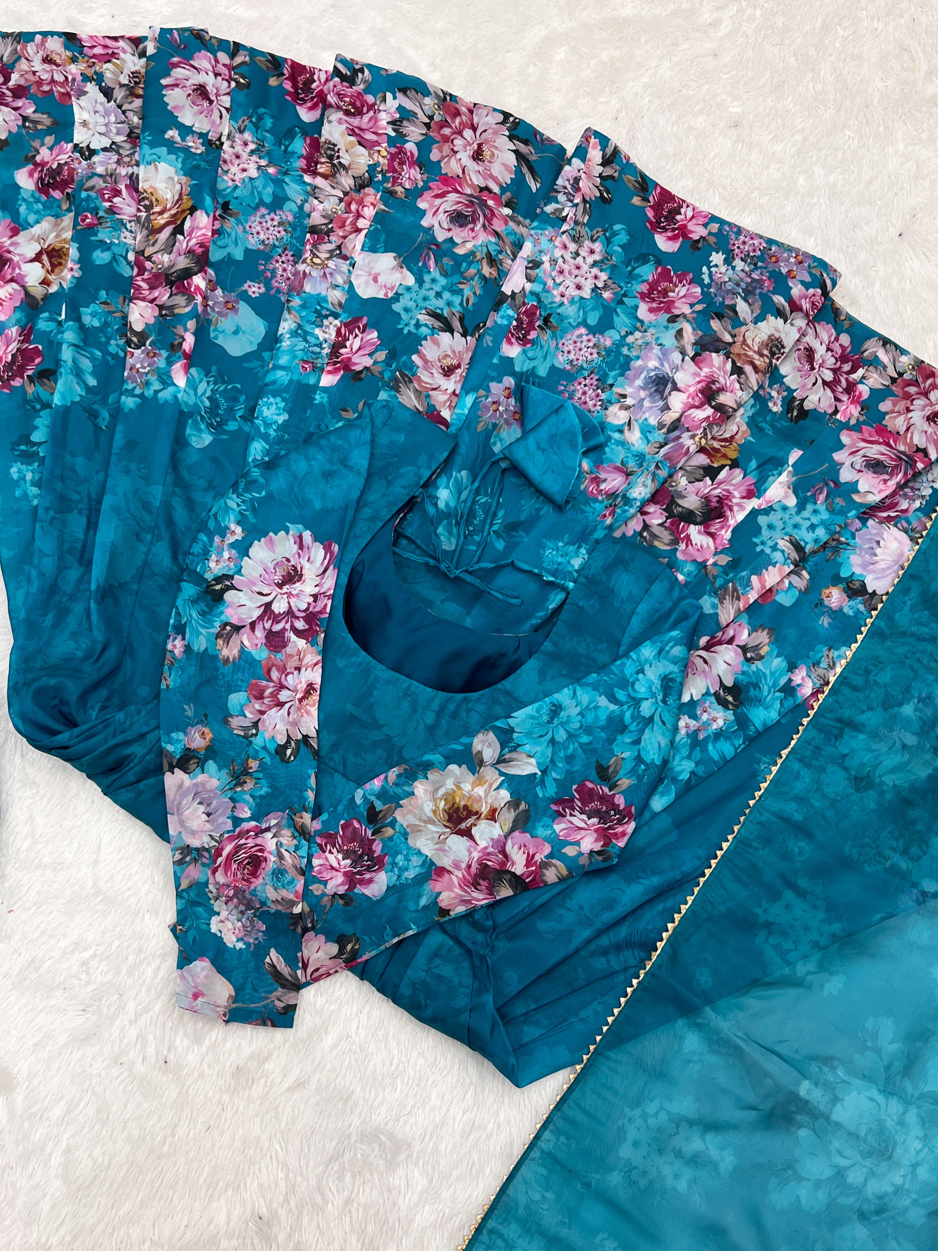 Organza Silk Printed Anarkali Set – Blue